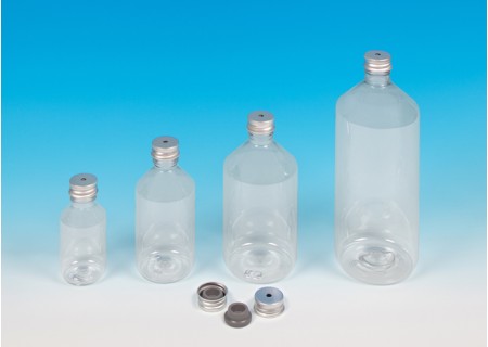 Clear PET round bottle with aluminium screw cap (central hole and injection stopper)